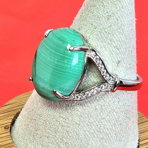 925 Sterling Silver Ring Sz 8.5 with Natural Malachite & CZ - Picture 11 of 15